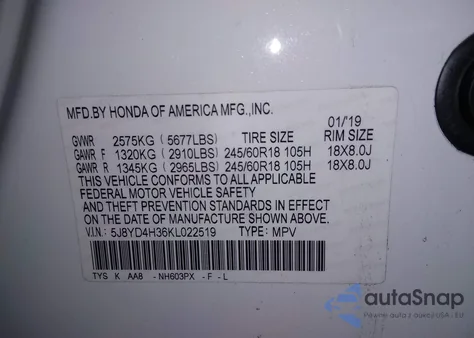 2019 Acura Mdx Standard z USA, uszkodzony, nr VIN 5J8YD4H36KL022519